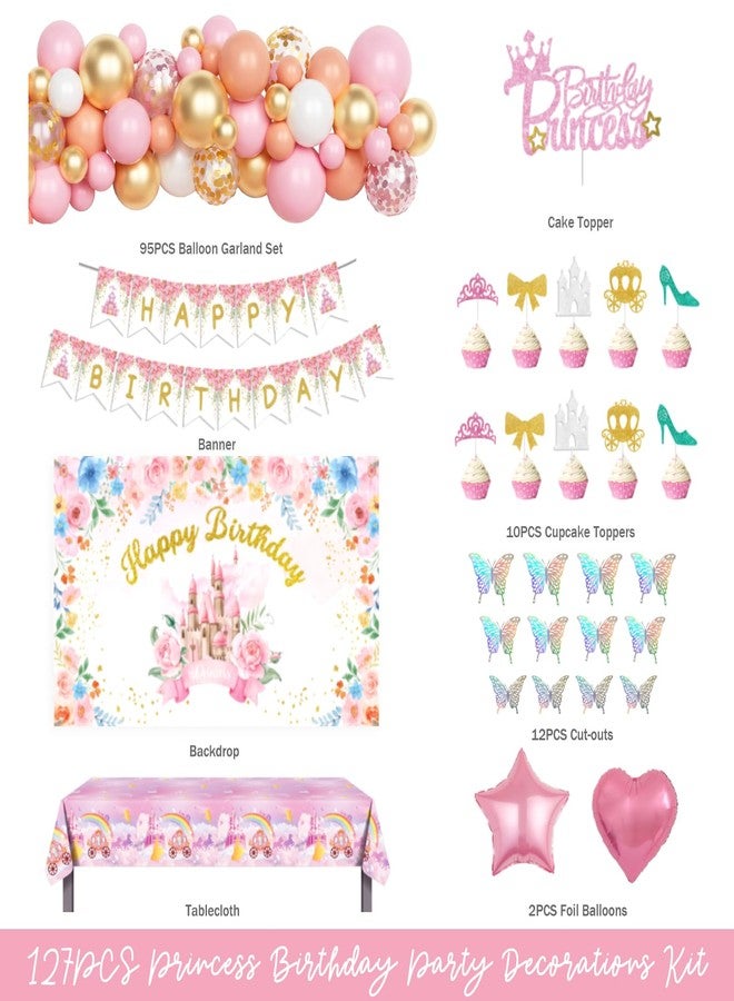 Fiesec Princess Birthday Party Decorations, Pink Princess Birthday Backdrop Balloon Garland Arch Banner Tablecloth Cake Cupcake Topper 3D Butterfly for Girls Pastel Floral Castle Party Supplies - Image 2